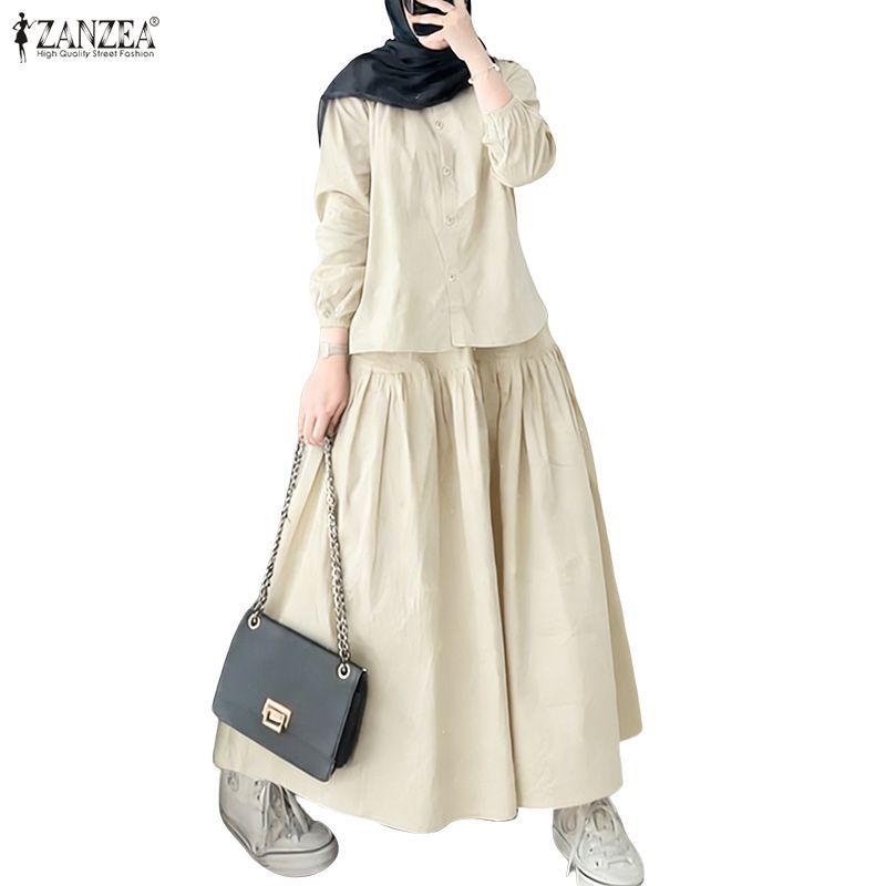 ZANZEA ซานเซีย ชุดสองชิ้น สไตล์มุสลิม เสื้อเชิ้ตแขนยาวและกระโปรงเอวยางยืด