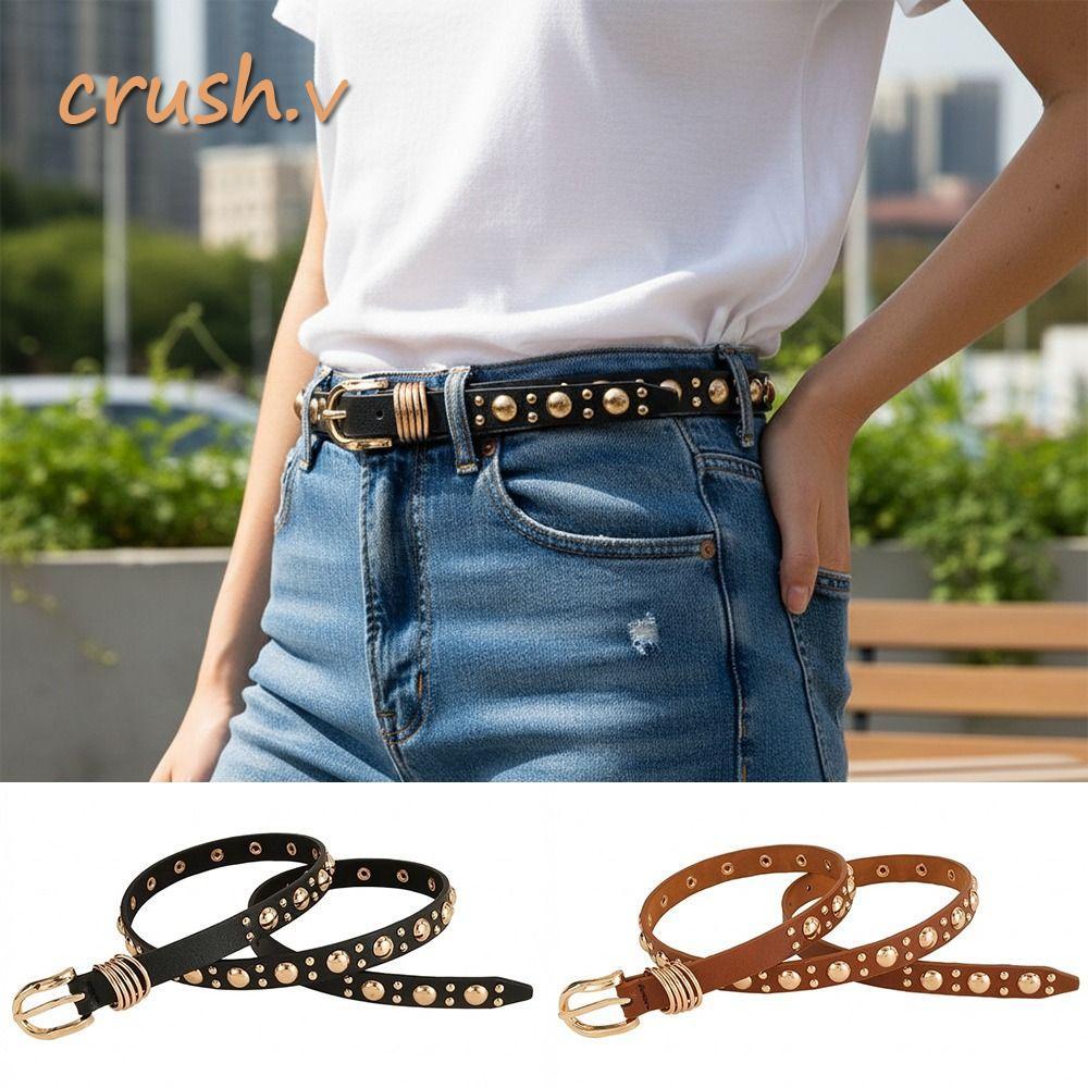 [CRUSH] Rivet Heavy Metal Belt, Metal Buckle Pu Leather Inlaid Gold Mushroom Stud Belt, Thin Jeans B