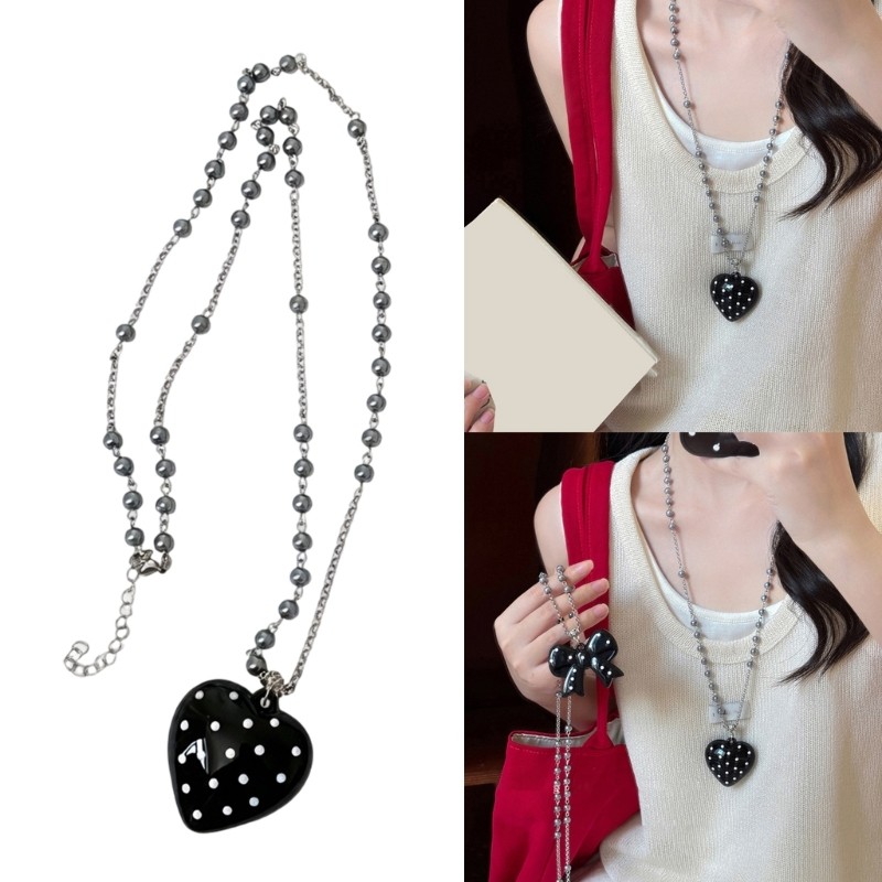 Mojito น่ารักสีดํารอบ Dot Heart Love Bowknot Drop สร้อยคอสําหรับผู้หญิง