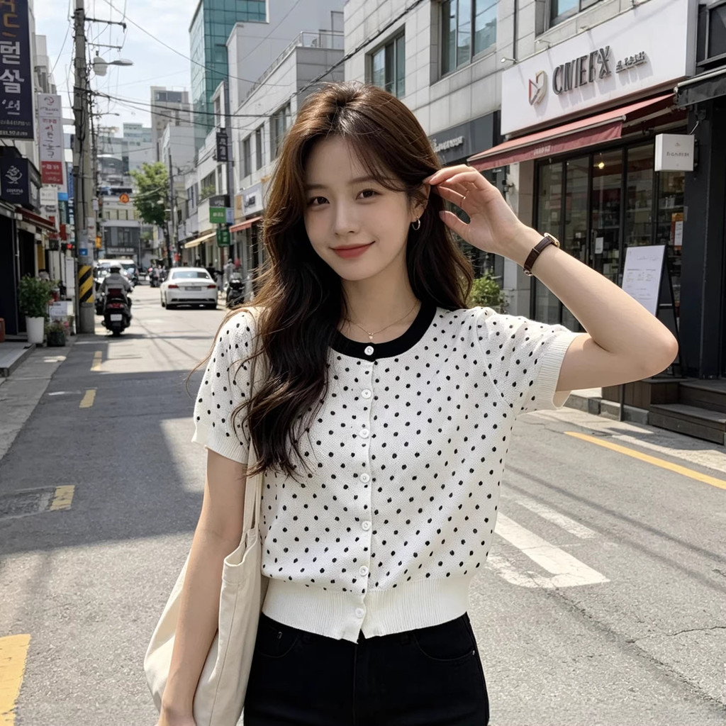 2026 เสื้อยืดแขนสั้นฤดูร้อนสีตัดกันลายจุดแขนสั้น K