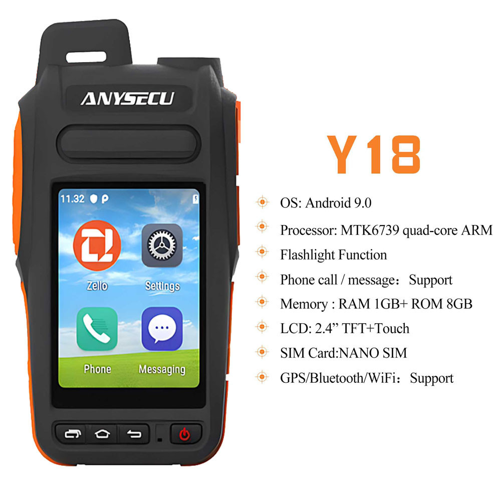 Anysecu Y18 4G วิทยุเครือข่าย Android 9.0 ปลดล็อก WIFI GPS Zello Real-ptt walkiefleet