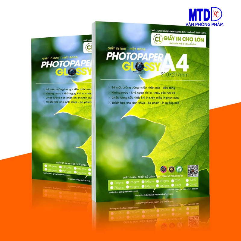 กระดาษภาพถ่ายหน้าเดียว A4 135แกรม (100 แผ่น)/160 แกรม (100 แผ่น)/180แกรม (50 แผ่น)/230แกรม (50 แผ่น)