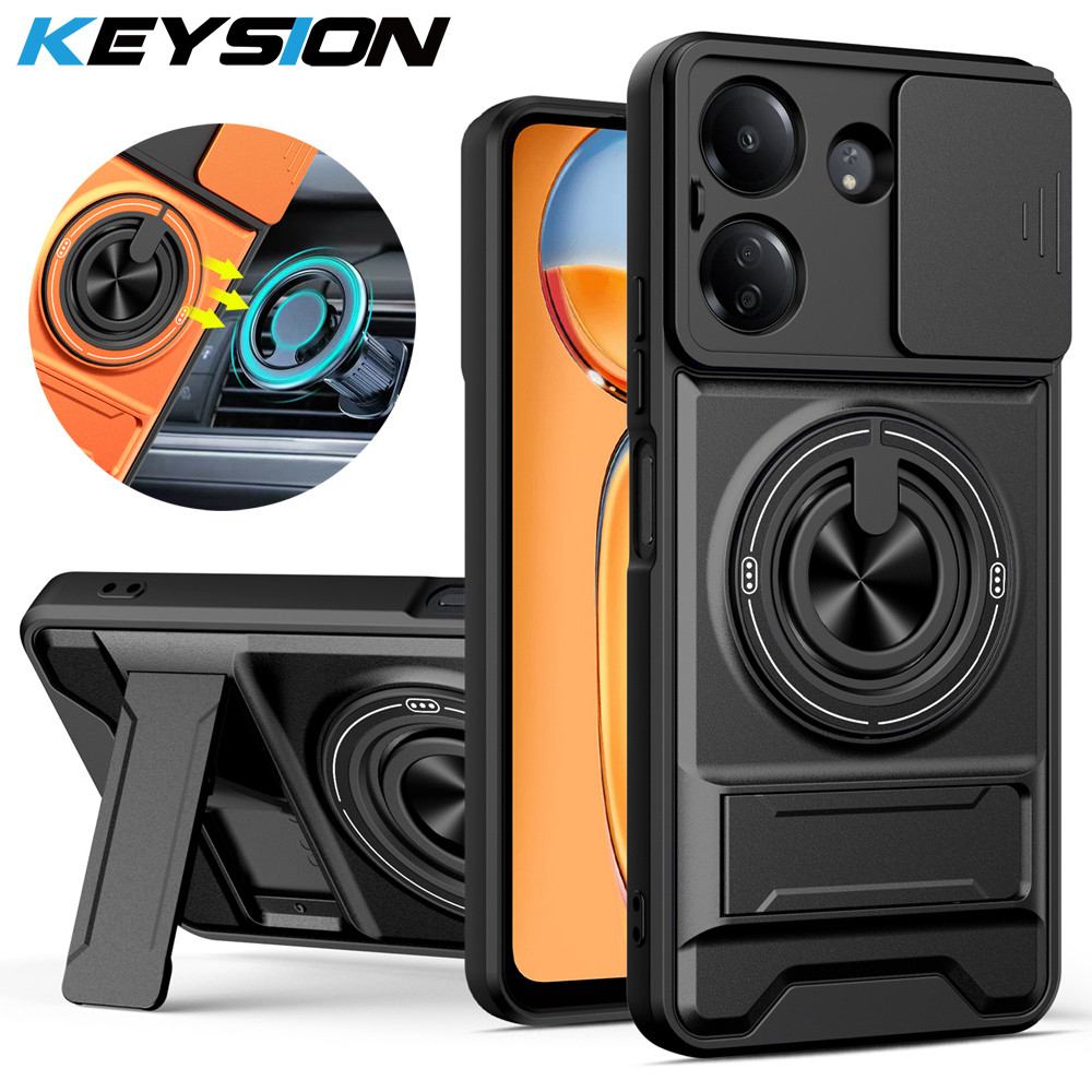 KEYSION เคสโทรศัพท์แม่เหล็กสําหรับ Redmi 13C สไลด์กล้องป้องกันขาตั้งขวากันกระแทกฝาหลังสําหรับ Xiaomi