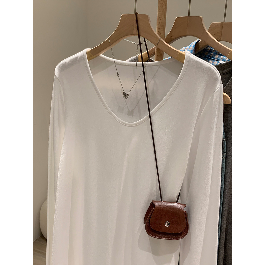 สีขาว Pure Desire V คอสัมผัส Clavicle แขนยาวผู้หญิงขี้เกียจหลวมสไตล์ขี้เกียจเสื้อยืดผ้าม่าน Bottomin