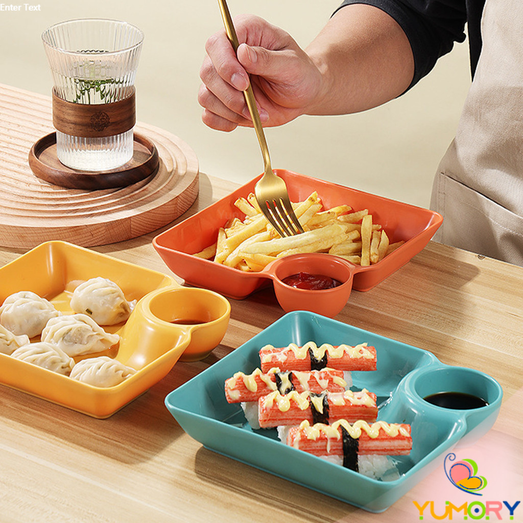 Yumory 1 ชิ้น จานพลาสติก จานพร้อมที่ใส่น้ำจิ้ม ใส่ขนม ใส่เกี๊ยว Plastic plate - รูปที่ 4
