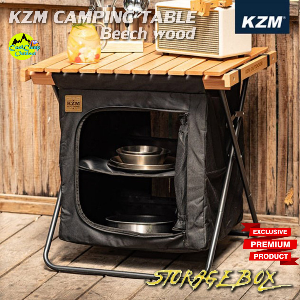 Sabai Shop 159 KZM Outdoor โต๊ะพับไม้บีช พร้อมตู้เก็บของ พับได้ แข็งแรง ทนทาน พกพาสะดวกพร้อมกระเป๋าจ