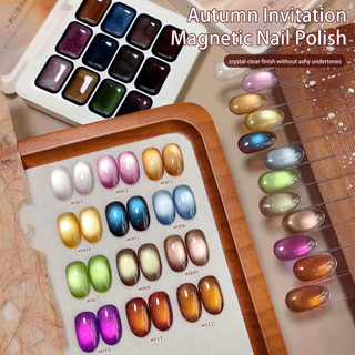 XEIJAYI - Caramel and blue shimmering cat-eye gel nail polish, long-lasting and glossy, 12-color set.
