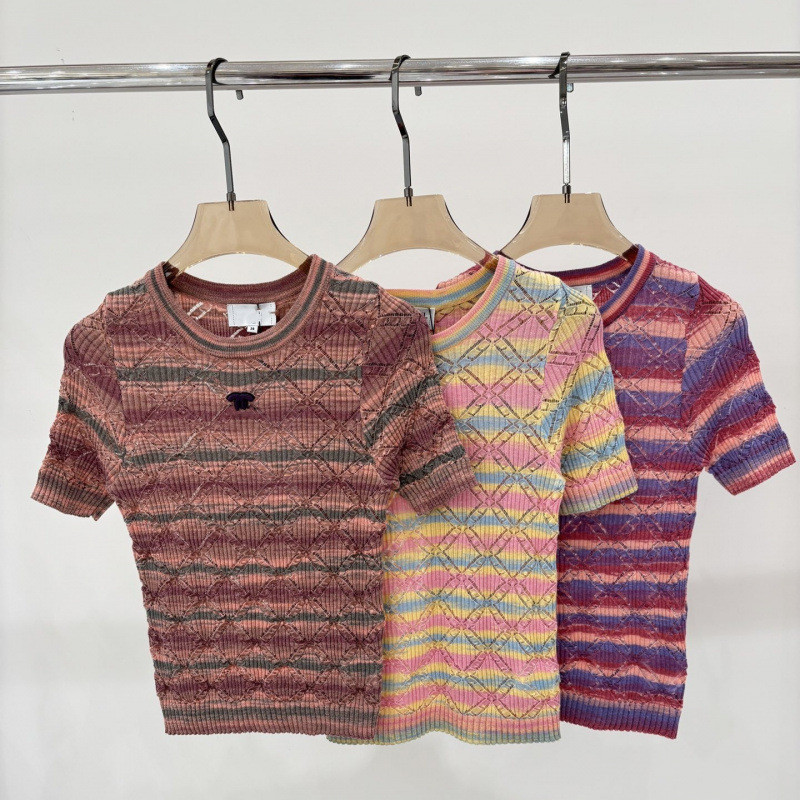 G3UM Ch****l 25Spring Summer Thin Knitted Sweater Striped Sweater Hollow Stylish Versatile Rainbow N