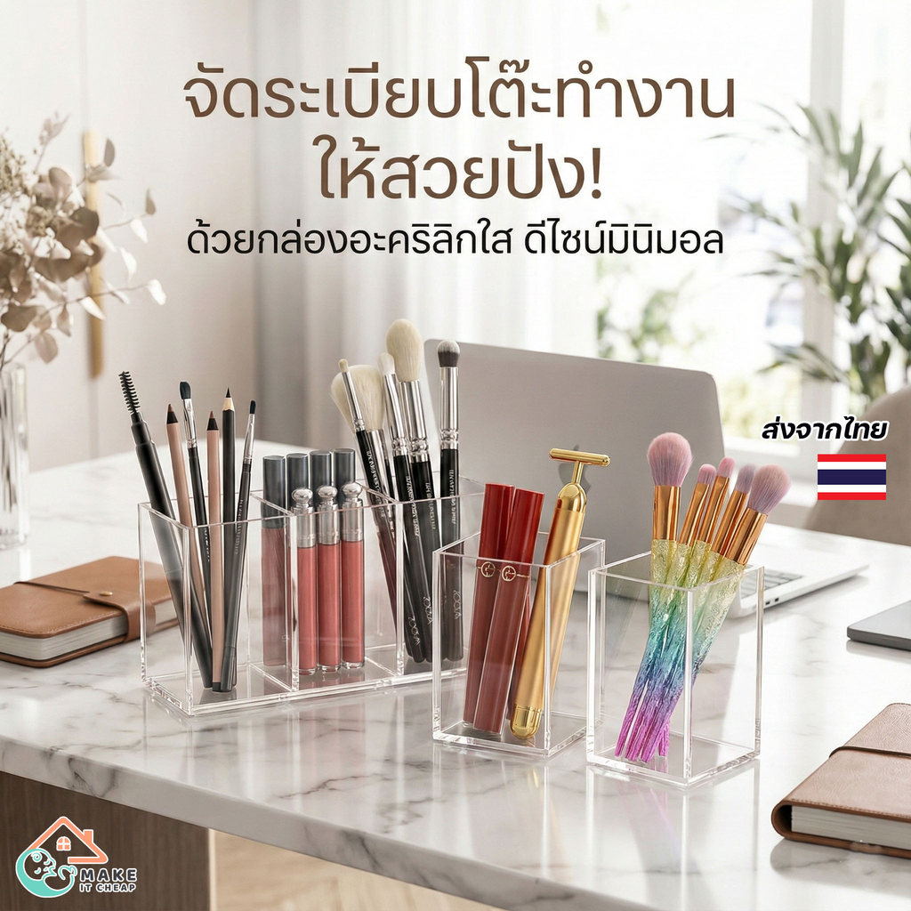 กล่องใสอะคริลิคใส่ปากกาและแปรงแต่งหน้า แข็งแรง ใช้จัดเก็บอุปกรณ์ต่างๆ บนโต๊ะให้เป็นระเบียบ