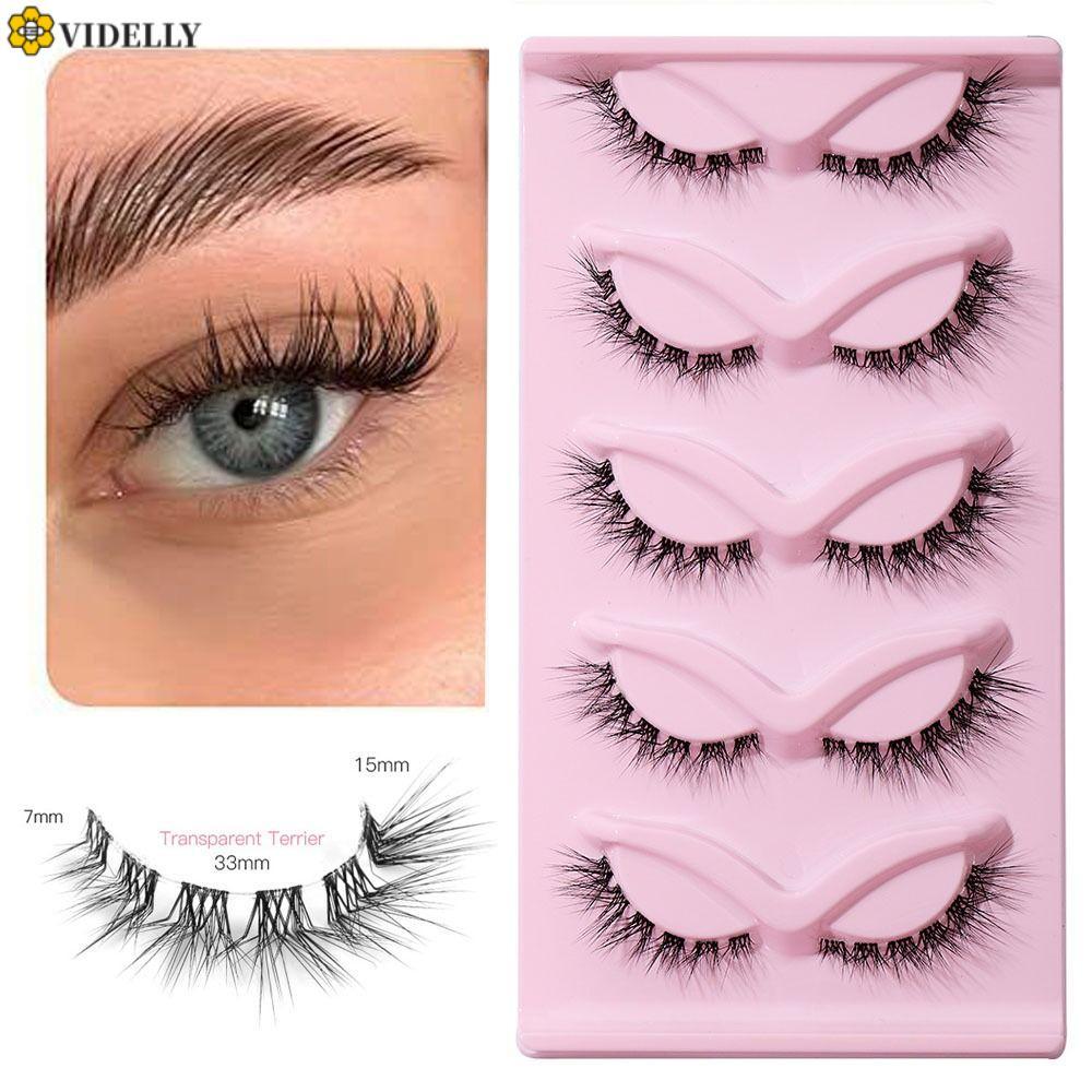 VIDELLY 5 คู่ L Curl ขนตาปลอม, Oblique Eye Tail ยาว Cat Eye ปลอม Lashes, มังงะ Eye Lashes 3D เต็มแถบ