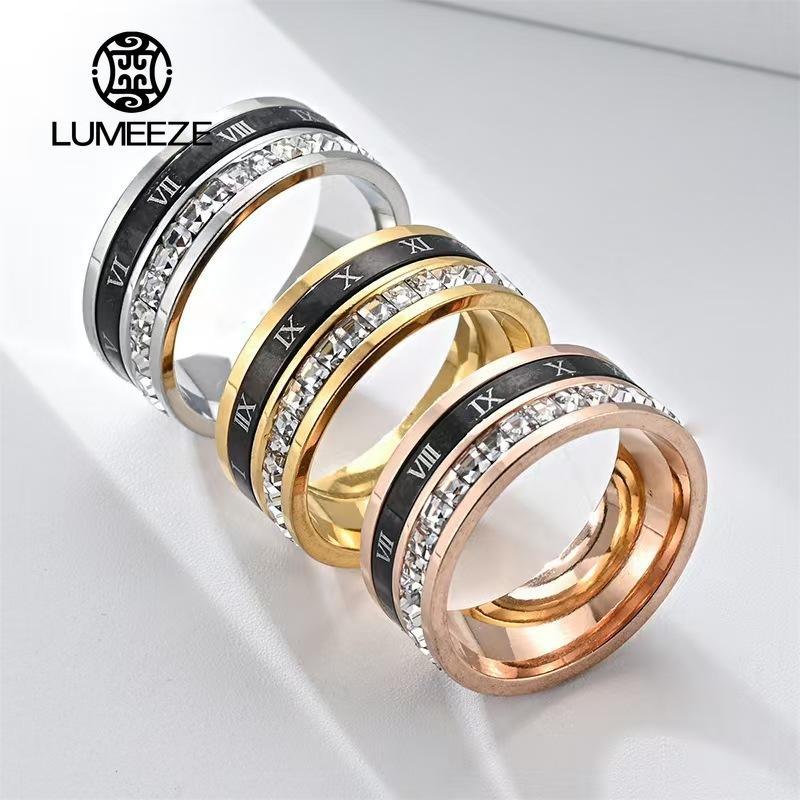 LUMEEZEL โรมันตัวเลขแหวนคู่หมุนได้แหวนเหล็กไทเทเนียมเพทายแหวนหลายชั้นสําหรับผู้ชายและผู้หญิงเครื่องประดับหรูหราอุปกรณ์เสริมแฟชั่น A61 #