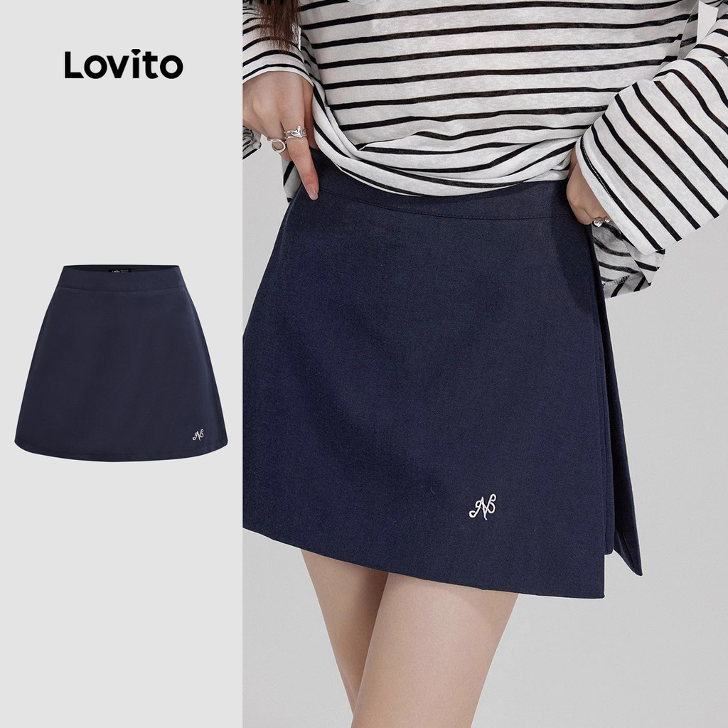 (New) Lovito กางเกงขาสั้นแบบสบายๆ ปักลาย ปลอม 2 in 1 แยกตรงด้านหน้า สำหรับฤดูใบไม้ผลิ/ฤดูร้อน L144AD006