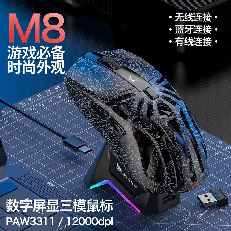 Simai Wolf M8 เมาส์สําหรับเล่นเกมสามโหมดบลูทูธไร้สายน้ําหนักเบาแล็ปท็อปเดสก์ท็อปเกม PAW3311k