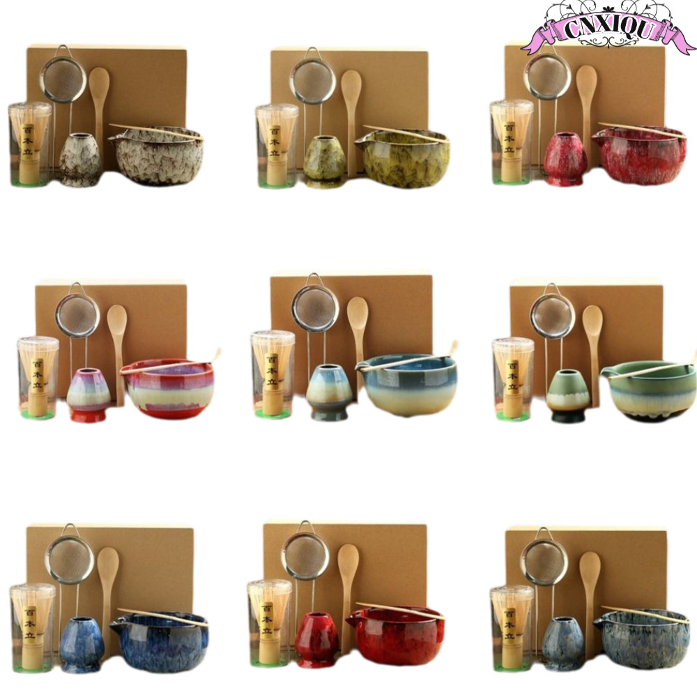 CNXIQU 6ชิ้นชุดน้ําชามัทฉะญี่ปุ่น,ไม้ไผ่เซรามิกที่มีพวยมัทฉะปัดชุด,ปลอดภัยอาหารเกรดนํามาใช้ใหม่ญี่ปุ่นเชสนกวน