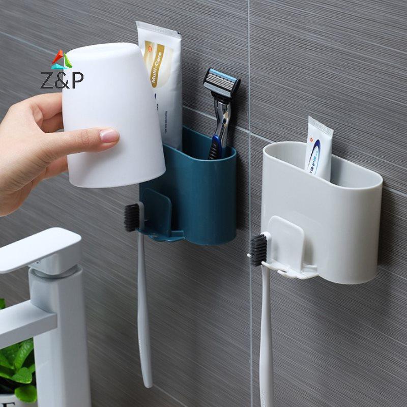 Z&P ผู้ถือแปรงสีฟัน Punch-free เครื่องโกนหนวดติดผนังยาสีฟันน้ํายาบ้วนปากชั้นวางถ้วย COD