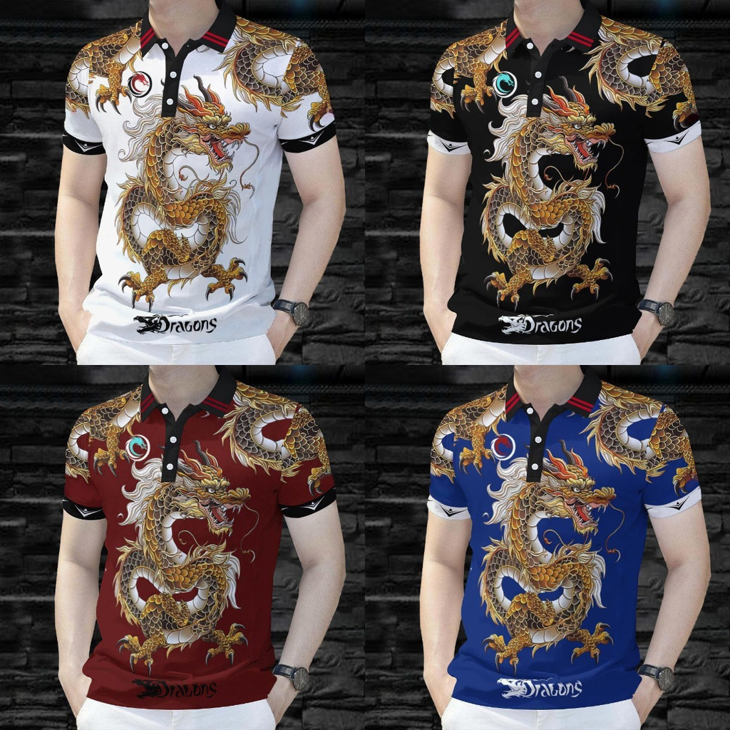 เสื้อโปโลผู้ชาย เสื้อเชิ้ตคอปกสไตล์ไทย พิมพ์ลายมังกรแบบเต็มตัว ดีไซน์ทันสมัย ​​ลำลอง เสื้อยืดผู้ชายสำหรับปีใหม่ 2569