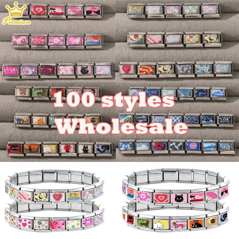 สร้อยข้อมือสแตนเลสสตีล DIY สีชมพูกับสีดำ ตกแต่งด้วย charm แบบอิตาเลียน ขนาด 9 มม.