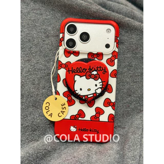 เงาการ์ตูน Y2K Magnetic Film Case สําหรับ iPhone 17 Pro iPhone 16 Pro Semi Wrap Hard Shell พร้อม Red Bow Red Heart KT โทรศัพท์ Grip Stand Holder เรียบง่ายน่ารัก