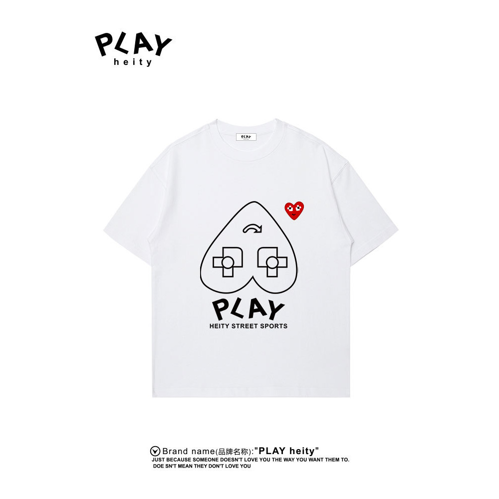 เสื้อยืดแขนสั้นผู้ชาย CDG PLAY ผ้าฝ้ายแท้ พิมพ์ลายหัวใจรอบคอดีไซน์คลายๆ