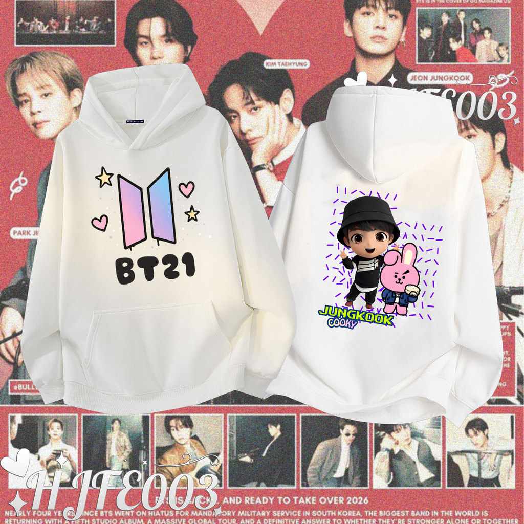 Baju Hoodie BTS BRU KEMBALI JIN SUGA JH JM JK TY RM BT21 ผ้าฝ้ายพิมพ์ Unisex Hoodie Sweatwear 022
