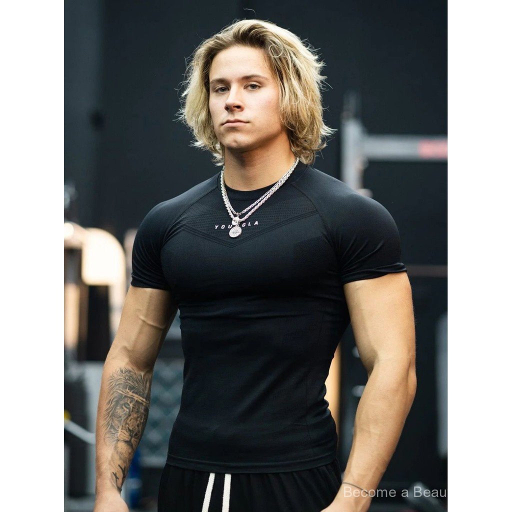 YOUNGLA Men T Sports fitness quick-dry breathable elastic fitness shirt for joggers, outdoor running