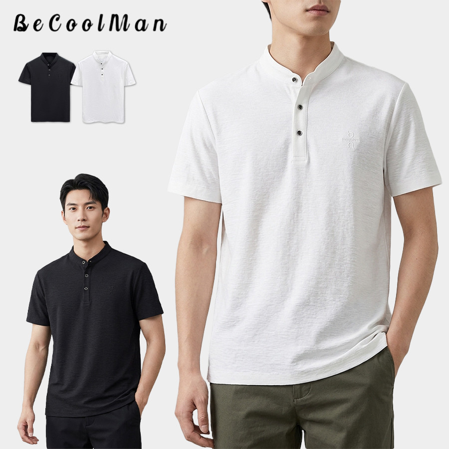 💥BecoolMan💥 เสื้อยืดผู้ชายแบบบางสำหรับฤดูร้อน เกรดพรีเมี่ยม สีพื้นแขนสั้น คอปก Henry มีปุ่ม เหมาะสำหรับธุรกิจลำลอง