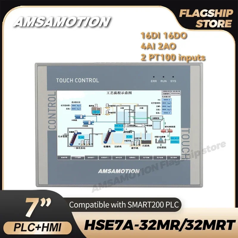 AMSAMOTION 7 นิ้ว HMI PLC S7-200 SMART Ethernet All in One 16DI 16DO 4AI 2AO Controller หน้าจอสัมผัส
