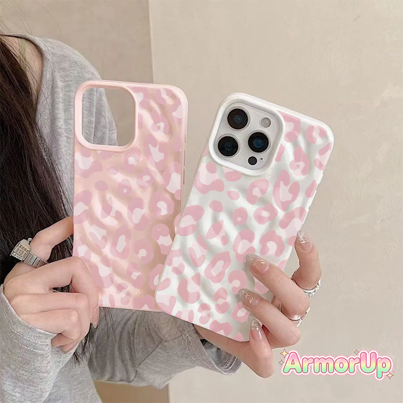 เคสไอโฟน ลายเสือดาวสีชมพู รอยพับหยัก สำหรับ iPhone 11 12 13 14 15 16 ProMax X XR XS Max 7 8Plus-AP
