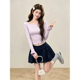 UMI8💝【ในสต็อก】💝 เสื้อยืดแขนยาวคอกลมสำหรับผู้หญิง ดีไซน์ลายดอกไม้สามมิติแบบจีบเข้ารูป สำหรับฤดูใบไม้ร่วง เสื้อตัวใน