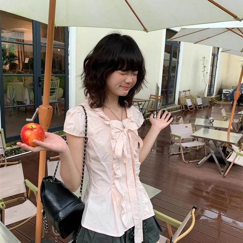 FY-เสื้อสุภาพสตรี เสื้อแขนสั้น สีทึบ ผีเสื้อ ปม กระดุม ประเภทรุ่น Slim Fit หวาน น่ารัก แฟชั่นฤดูร้อน