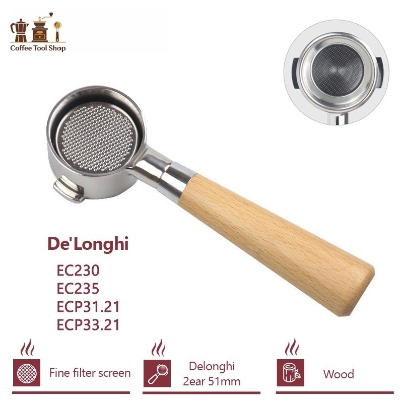 Espresso Delonghi Portafilter แบบไร้ก้น 51mm แบบชั้นเดียว พร้อมตะขอไม้เนื้อแข็ง แบบสเตนเลส