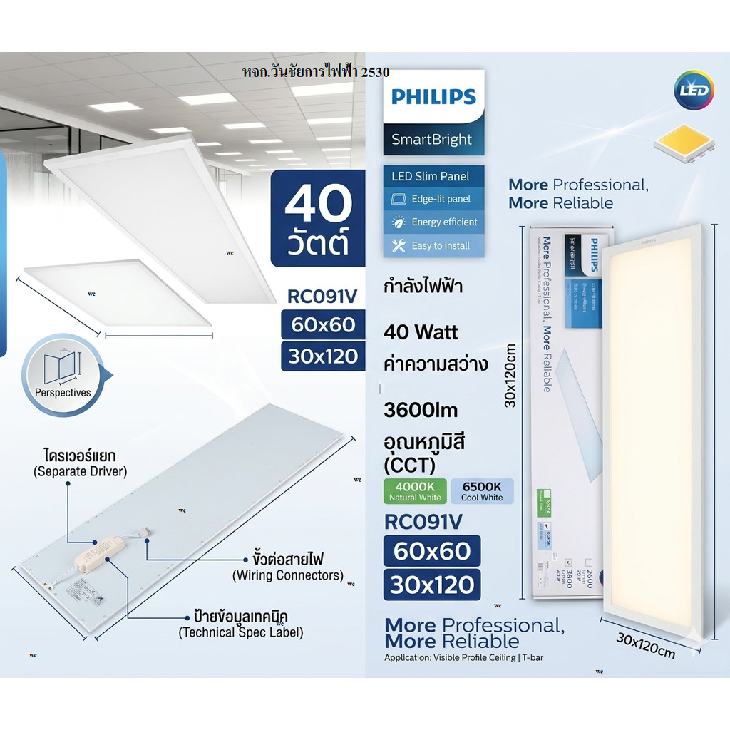 Philips RC091 ไฟพาแนล LED Panel RC091v 40w ฟิลิปส์ แสง 6500k ไฟเพดาน ของแท้ ประกันศูนย์ 30x120 60x60