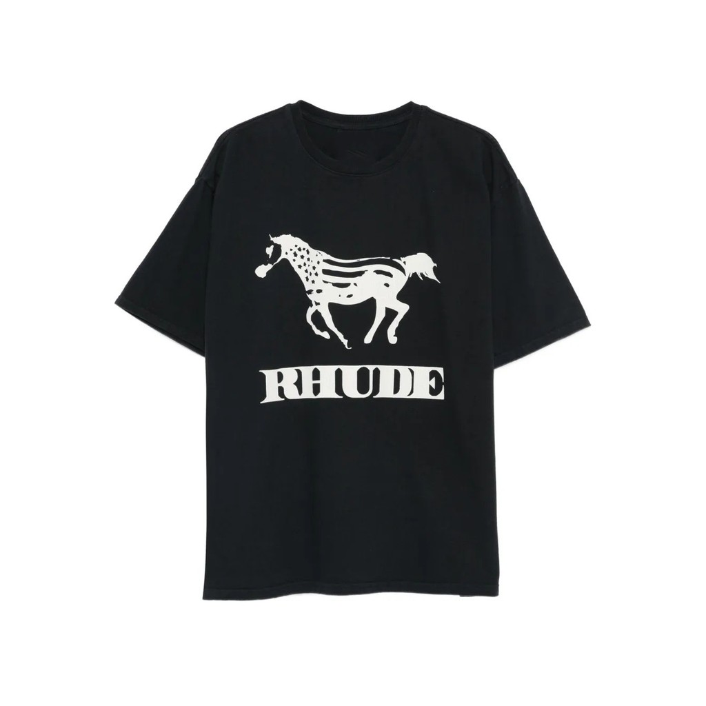 EEOQ Rhude Summer new product black horse print short sleeve shirt T Unisex high street loose casual