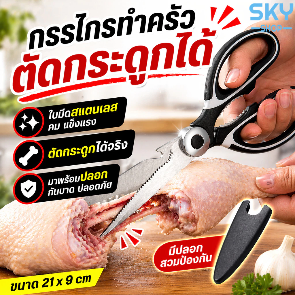 SKY กรรไกรทำครัว สแตนเลส ตัดกระดูกได้ มีปลอก กันบาด กรรไกรเอนกประสงค์ Kitchen Scissors