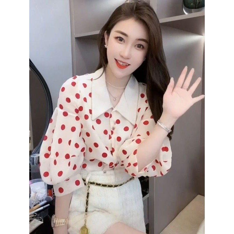 [Warm Bud Mother Baby Shop] เสื้อชีฟองลายจุดผู้หญิงฤดูร้อนภาษาฝรั่งเศสคําหวานพัฟแขน Polka Dot Design