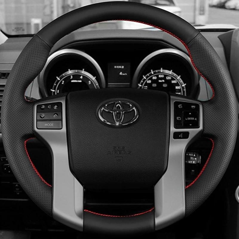 มือเย็บหนังไมโครไฟเบอร์สีดําพวงมาลัยรถสําหรับ Toyota Land Cruiser Prado Land Cruiser Tacoma Tundra