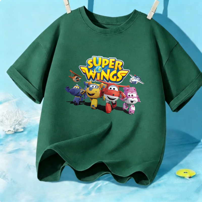 เสื้อยืดแขนสั้นคอกว้างสำหรับเด็ก พิมพ์ลายการ์ตูน Super Wings ทำจากผ้าฝ้าย 100%