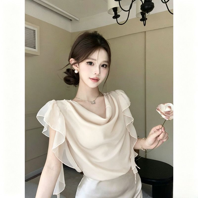 Pure Desire Windy Collar Shirt ผู้หญิงฤดูร้อน 2026 Ruffled Ribbon เสื้อชีฟองแขนบินขนาดเล็ก All-Match