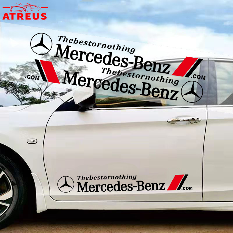 2 ชิ้น Mercedes สติ๊กเกอร์ ติดรถยนต์ สติกเกอร์กันรอยขีดข่วน สําหรับตกแต่งประตูรถยนต์ ติดด้านข้างประต