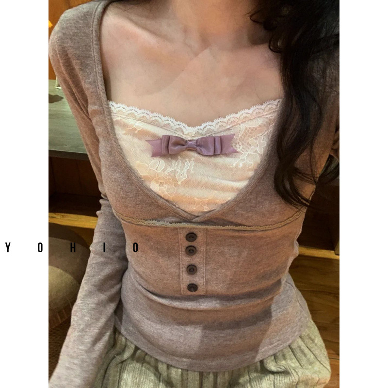 เสื้อยืดกำมะหยี่แขนยาวสำหรับฤดูหนาว ดีไซน์โบว์และลูกไม้ เพิ่มความอบอุ่นในฤดูใบไม้ร่วงและหนาว