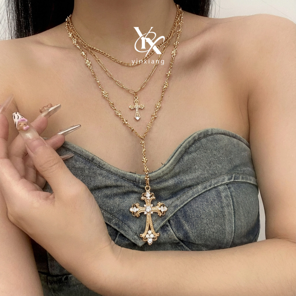 YX Gothic Rhinestone Cross Layered สร้อยคอชุด 3 ชิ้น Vintage Y2K Punk Party เครื่องประดับน่ารักความง