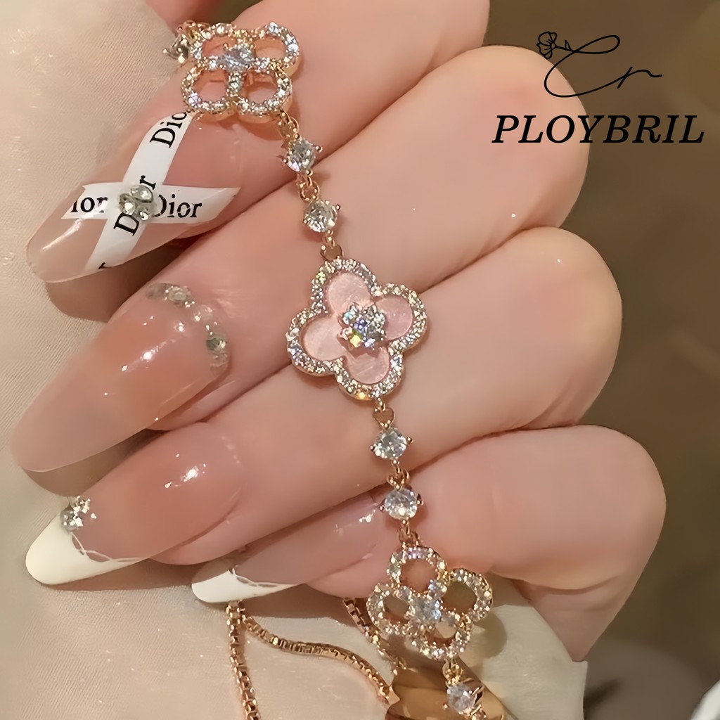 PLOYBRIL สร้อยข้อมือโคลเวอร์สี่ กุหลาบทอง สำหรับผู้หญิง อุปกรณ์แต่งกายสไตล์เกาหลี ของขวัญวันเกิด S022