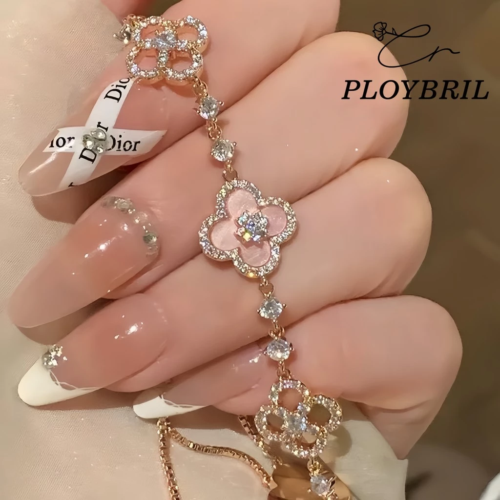 PLOYBRIL สร้อยข้อมือโคลเวอร์สี่ กุหลาบทอง สำหรับผู้หญิง อุปกรณ์แต่งกายสไตล์เกาหลี ของขวัญวันเกิด S022