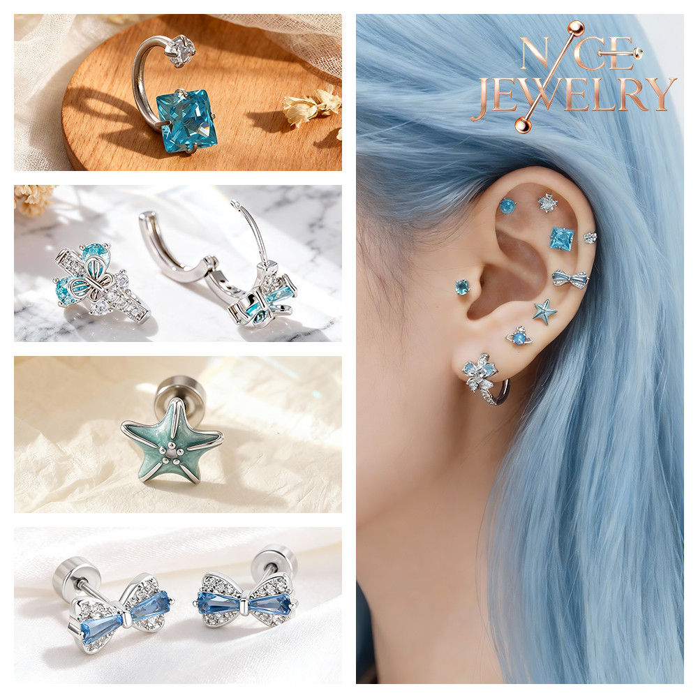 ต่างหูวงกลมสแตนเลส ประดับเพชรสังเคราะห์สีนิลในสไตล์ Helix Conch ขนาด 20G ลายผีเสื้อและดาว