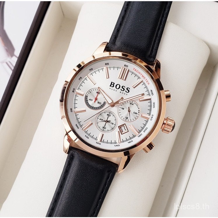 HUGO BOSS นาฬิกาข้อมือ Quartz Movement สายหนัง หน้าปัดสีดํา นาฬิกาผู้ชายแฟชั่น TSXR