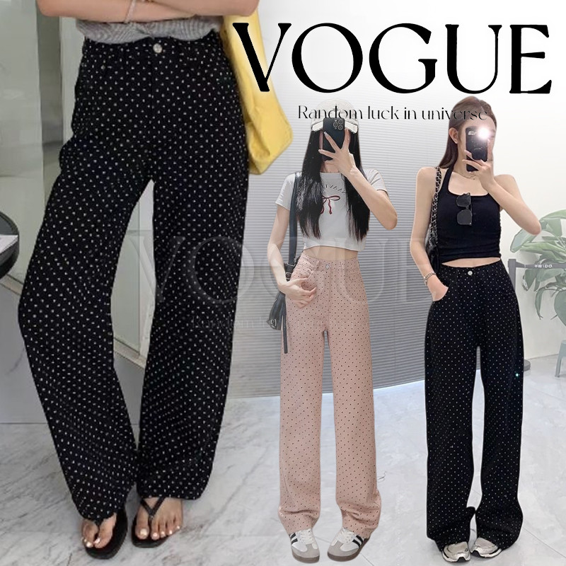 Vogue🌟พร้อมส่ง🌟 กางเกงยีนส์ทรงตรงเอวสูง เนื้อผ้าใส่สบายสุด ลายจุดน่ารักๆ ดีมาก (2353) -NZ