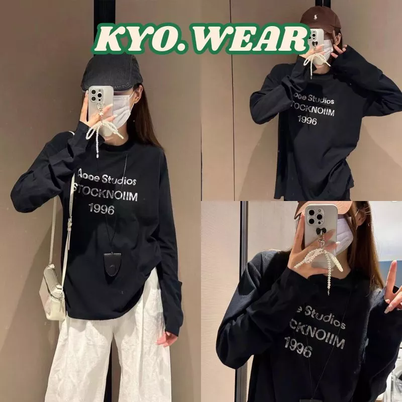 KYO 🌸 【พร้อมส่ง】ดำแฟชั่น เสื้อยืดเเขนยาว ผู้หญิง พิมพ์ลาย "AOOE STUDIOS" OVERSIZE ผ้าCOTTON ไม่ต้องรีด