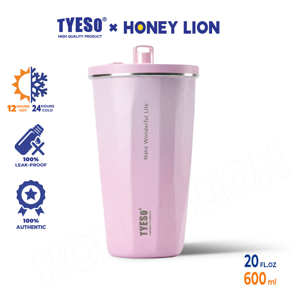 TYESO x HoneyLion แก้วกาแฟ 304 Stainless 600ml ทรงเรขาคณิตสวยทันสมัยเก็บเย็นนาน 6 ชม พร้อมหลอดดูด One Touch ใช้งานง่ายเพียงมือเดียว-01-01007/TS-8848A/TS-8848B