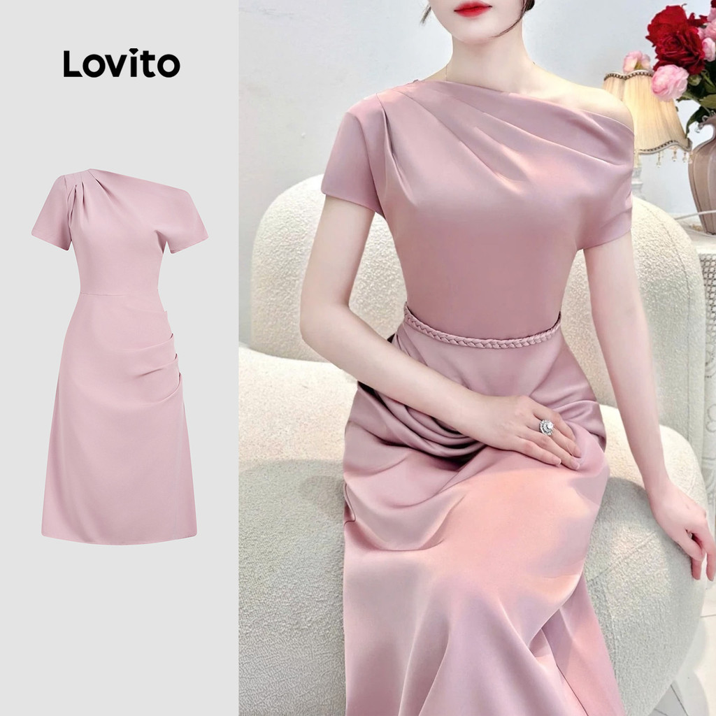 Lovito ชุดเดรสลําลองแบบไม่สมมาตรสําหรับฤดูใบไม้ผลิ/ฤดูร้อนสีชมพูสําหรับผู้หญิง L164ED352