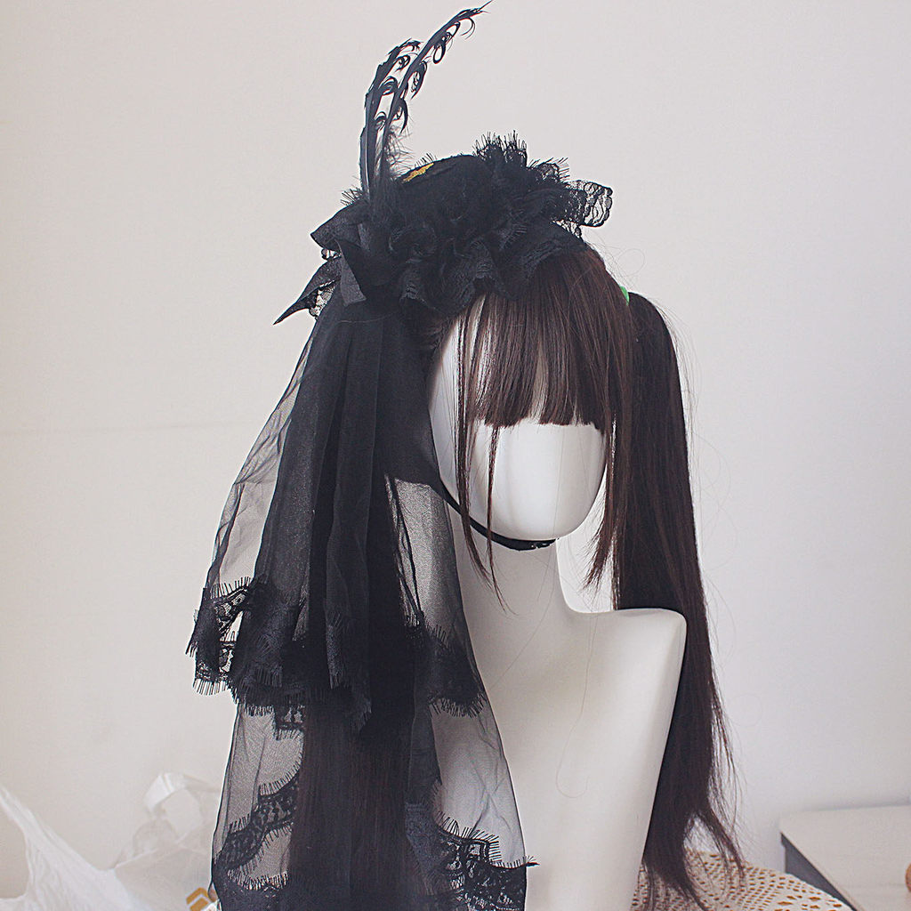 Veil ปักขนนก Sparrow สีดำและขาว พร้อมของตกแต่งผมสไตล์ Gothic-Lolita
